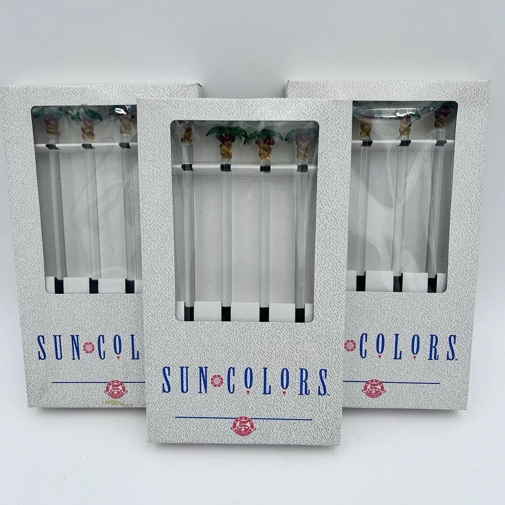 12- Sun Colors Blown Glass Swizzle Sticks Palm Tree TIKI Bar Drink Stirrers 3pks